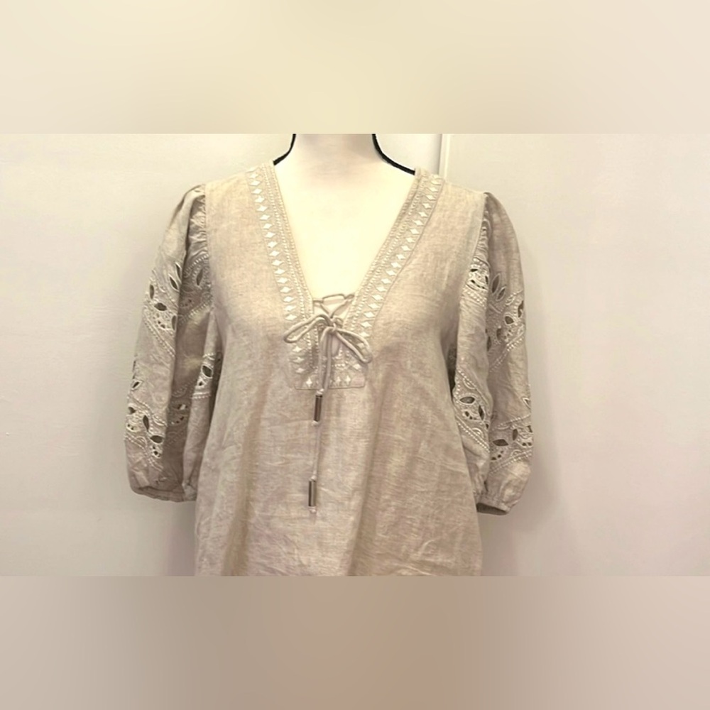 Scarlett Poppies -Elegant Embroidered Volume Sleeve Natural Linen Mini Dress - Picture 3 of 5
